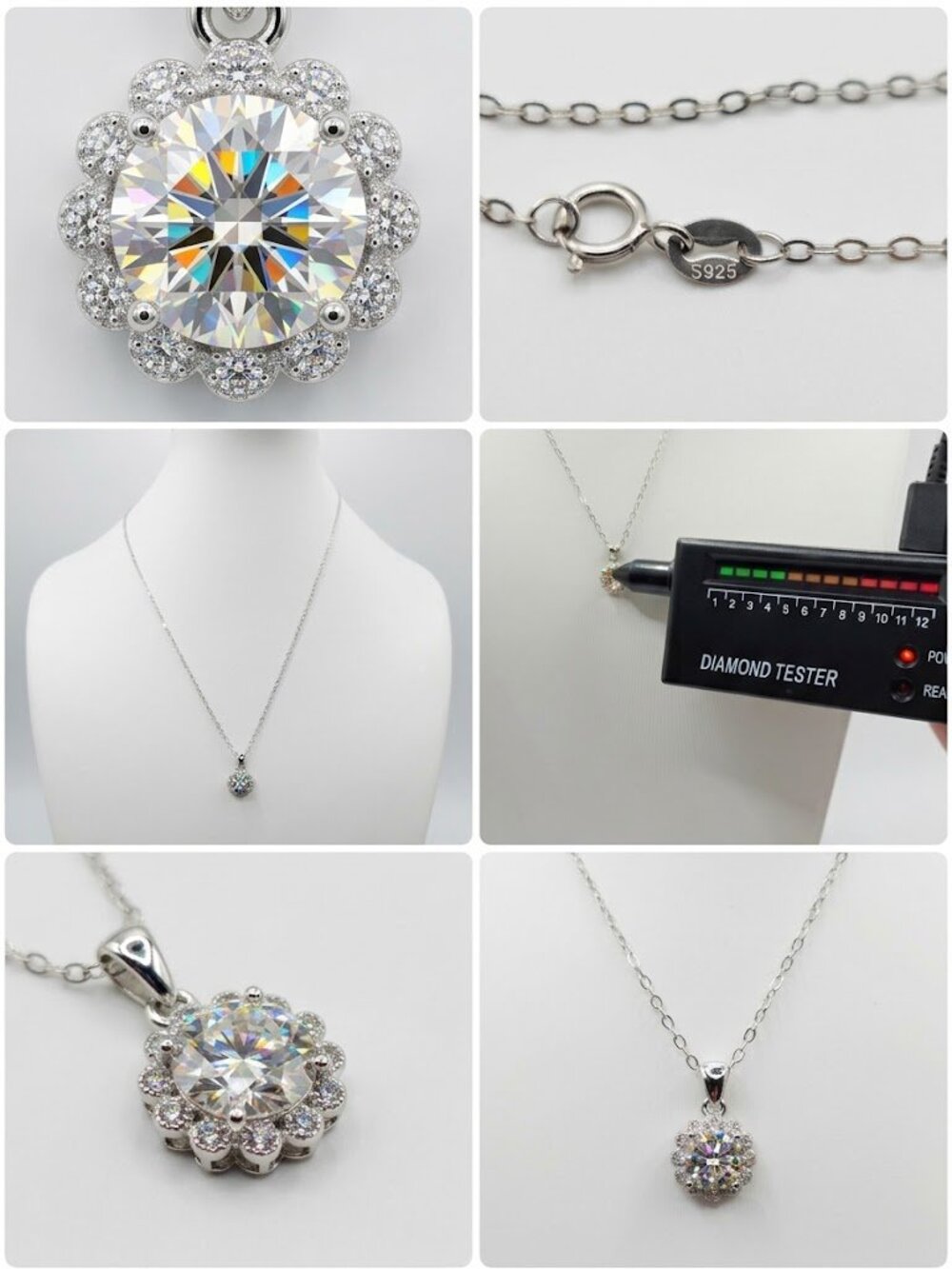 925 Sterling Silver 1CTW Moissanite Solitaire Halo Necklace 17.5"